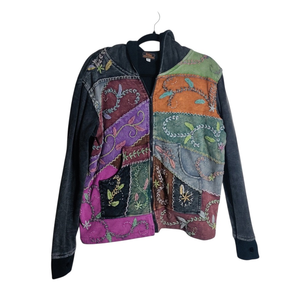Rising International Boho Patchwork Embroidered Fleece Lined Hoodie Jacket Large